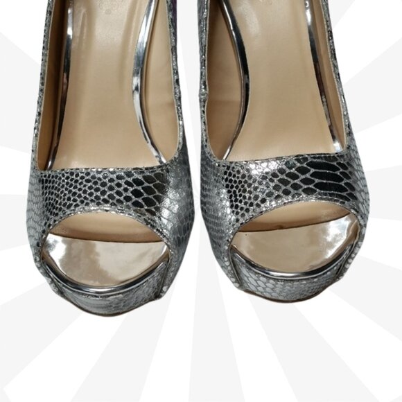 Charlotte Russe Silver Open Toe Faux Snakeskin Platform Stiletto Heels Size 8 - Picture 4 of 7